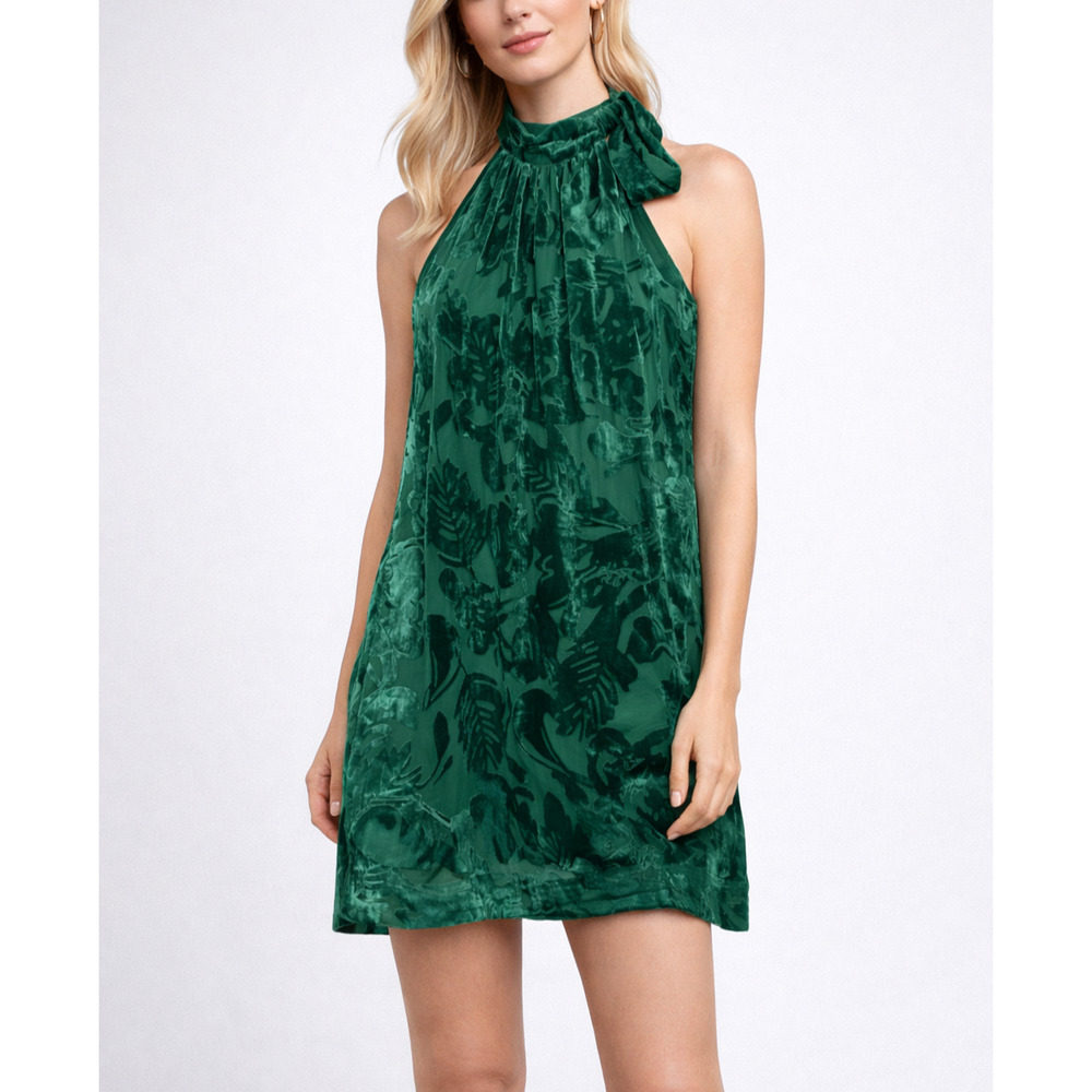 Trina Turk Spree Velvet Burnout Halter Dress Womens Medium Green‎ Floral Holiday